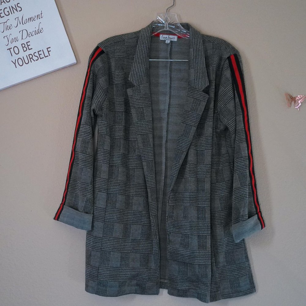 Black and Gray Houndstooth Open Blazer Striped Sleeve Blazer SZ L by CraveFame
